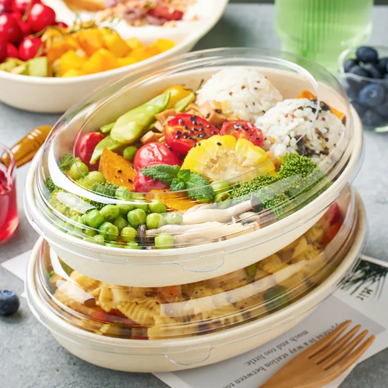 26oz Oval Sugarcane Biodegradable Salad Bowl with Lid